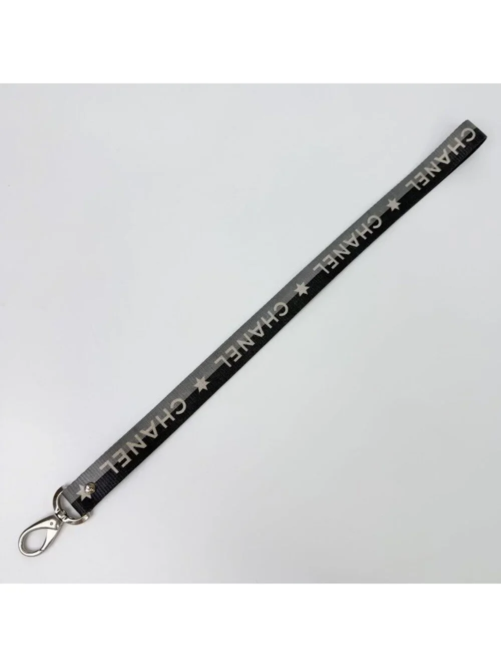 Chanel Logo Star Neck Strap Nylon Metal Black Gray White Silver Vintage